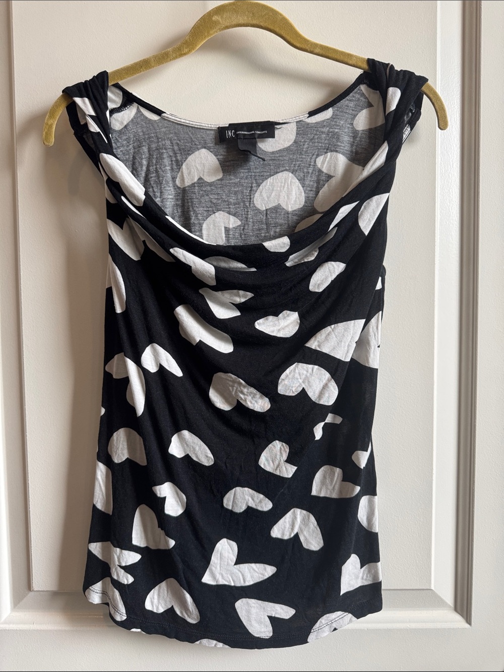 INC International Concepts Black & White Heart Print Cowl Neck Tank Top Size S